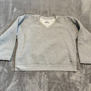 Champion V-Neck Sweatshirt Heather Grey Boxy Cropped Fit XL Vintage 90s